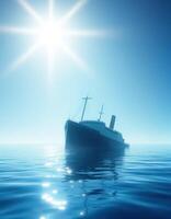 a ship floating in the ocean with the sun shining photo