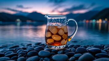 Iced Tea Pitcher on Pebble Beach at Dusk with Tranquil Water photo