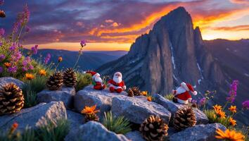 Santa Figures on Rocky Terrain with Sunset Mountain Landscape photo