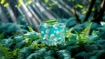 Refreshing Blue Cocktail in Glass with White Cubes Amongst Ferns Outdoors photo