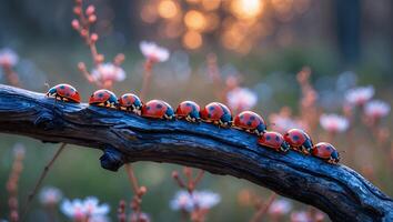 Ladybugs Walking in a Row on Tree Branch with Flower Background photo