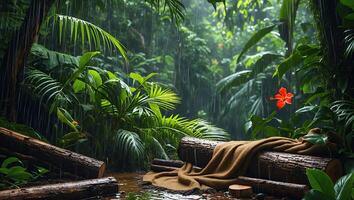 Rain Falling in Lush Jungle with Red Flower and Wood Log photo