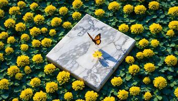Butterfly on Marble Slab Surrounded by Yellow Flowers in Garden photo