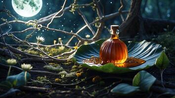 Aromatic Liquid in Glass Bottle on Leaf in Enchanted Forest photo