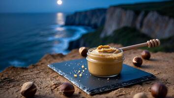 Nut Butter Jar with Honey Dipper on Cliff Overlooking Ocean photo