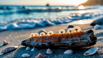 Dandelion Seed Heads and Syrup on Log at Ocean Beach photo