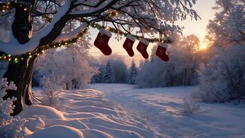 Winter Forest Scene with Snow Covered Tree and Christmas Stockings photo