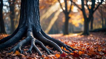 Tree Roots and Fallen Leaves in an Autumn Forest Scene photo