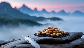 Pile of Acorns and Feather on Wood with Mountain Background photo