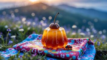 Orange Dessert in Nature with Ladybug on Colorful Picnic Blanket photo