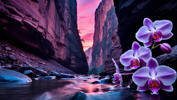 Orchid Blooms Overlooking a Stream Flowing Through a Rocky Canyon photo