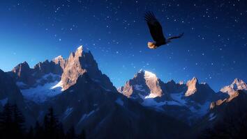 Eagle Flying Above Snowy Mountains Under a Starry Night Sky photo
