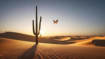 Desert Landscape with Cactus Silhouette, Sand Dunes, and Flying Butterfly photo