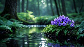 Purple Flowers Bloom by Forest Stream Reflecting Sunlight and Greenery photo