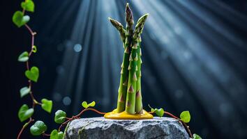 Asparagus Spears with Yellow Sauce on Stone Slab and Ivy photo