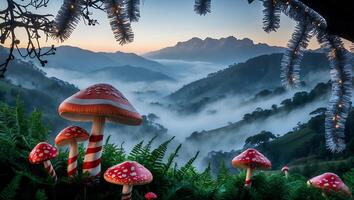 Red Mushrooms in a Foggy Mountain Landscape with Ferns Scenery photo