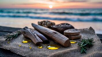 Driftwood Pieces and Beach at Sunset Create Coastal Arrangement photo