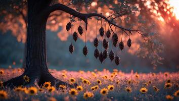 Tree with Hanging Pods in Sunflower Field at Warm Sunset photo