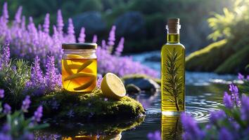 Infused Oil and Lemon Preserves by Stream with Lavender Bloom photo