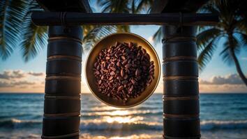 Roasted Cocoa Beans in Bowl on Beach at Sunset with Palm Trees photo
