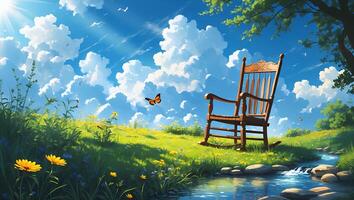 Rocking Chair on a Spring Meadow Near a Stream in Nature photo