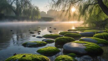 Calm River Landscape with Mossy Stones at Dawn or Sunset photo