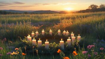 Candlelit Wreath in Meadow at Sunset, Golden Hour Scene photo