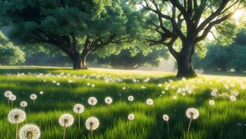 Idyllic Meadow with Dandelions and Trees in Summer Sunlight photo