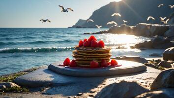 Pancakes Stack with Strawberries by the Ocean at Sunset with Seagulls photo