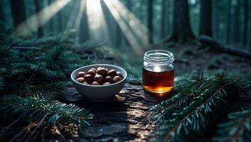 Nuts and Honey on Log in Forest Bathed in Sunlight photo