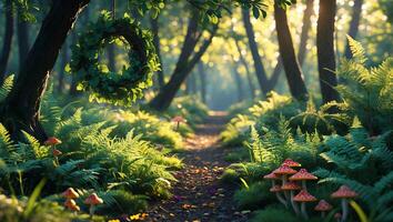 Enchanting Forest Path with Mushrooms and Wreath Bathed in Sunlight photo