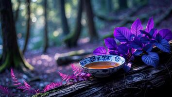 Serving Aromatic Tea in Woodland Setting with Vibrant Foliage Colors photo