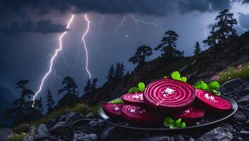 Sliced Red Beet with Sea Salt on Plate in Stormy Landscape photo