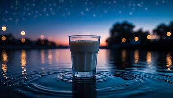 Glass of Liquid Placed on Water Surface with Night Sky photo