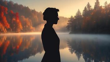 Silhouette of Person Enjoying Tranquil Lakeside at Misty Dawn Landscape photo