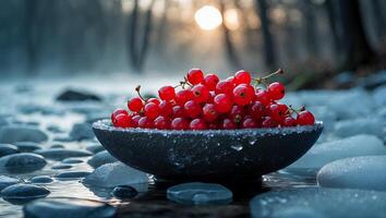 Red Currant Berries in Bowl Placed on River Stones at Sunset photo