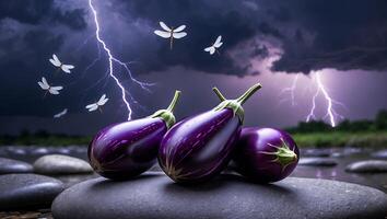 Eggplant Still Life with Stormy Sky, Dragonflies, and Stone Base photo