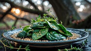 Fresh Spinach Salad with Seeds and Herbs on a Plate Outdoors photo