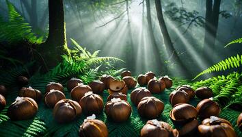 Arrangement of Round Brown Objects on Ferns in a Misty Forest photo