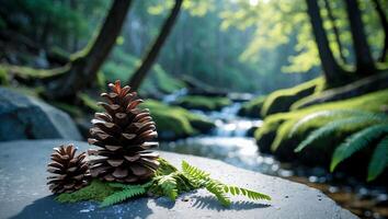 Pine Cones with Fern on Stone Ledge Near Forest Stream photo