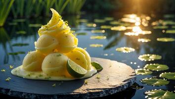 Lemon Sorbet Scoops with Lime on Slate Plate Near Pond photo