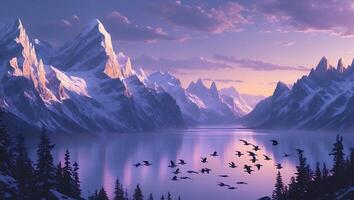 Snowy Mountain Range Reflecting on Lake with Flying Birds at Dusk photo