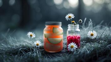 Glass Jars with Fruit and Flowers Sitting in Grassy Field photo