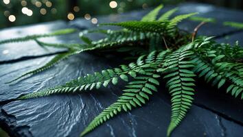 Green Fern Fronds on a Dark Stone Surface with Bokeh Background photo