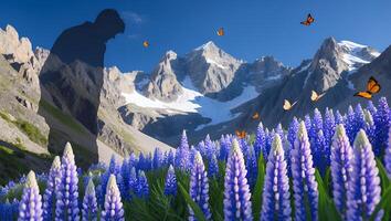 Man Silhouette in Mountain Landscape with Wildflowers and Flying Butterflies photo