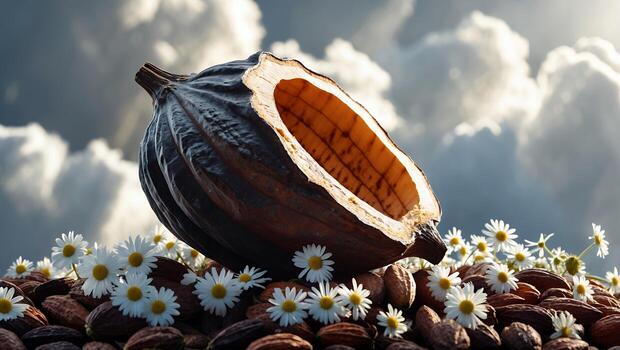 Half Cacao Pod Resting on Almonds with Daisies Against Cloudy Sky photo