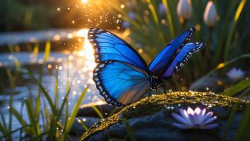 Blue Butterfly on Mossy Stone Near Pond with Sunlight Reflection photo