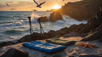 Relaxing Beach Scene with Sleeping Pads and Trekking Poles at Sunset photo