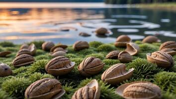 Walnut Shells Scattered on Mossy Ground with Calm Lake Backdrop photo