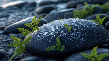 Rock Adorned with Crystals and Ferns on Pebble Beach at Dusk photo